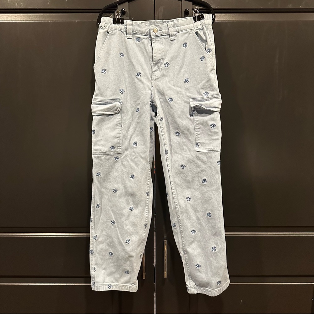 Pacsun Baggy Carpenter Light Wash Denim Cargo Pants with Embroidered Mushrooms